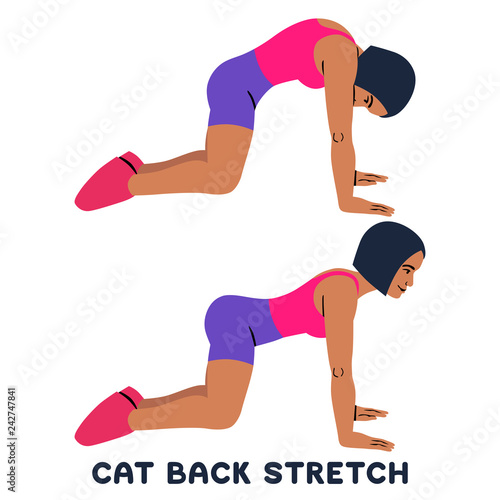 Cat back stretch. Backward camel stretch. Sport exersice. Silhouettes of woman doing exercise. Workout, training.