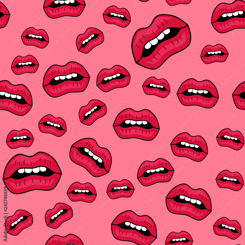Fototapeta premium Female lips. Mouth with a kiss, smile, tongue, teeth and kiss me lettering on background. Vector comic seamless pattern in pop art retro style. Abstract seamless pattern for girls, boys, clothes.