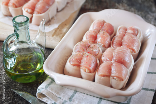 French cuisine. Raw meat paupiettes and olive oil