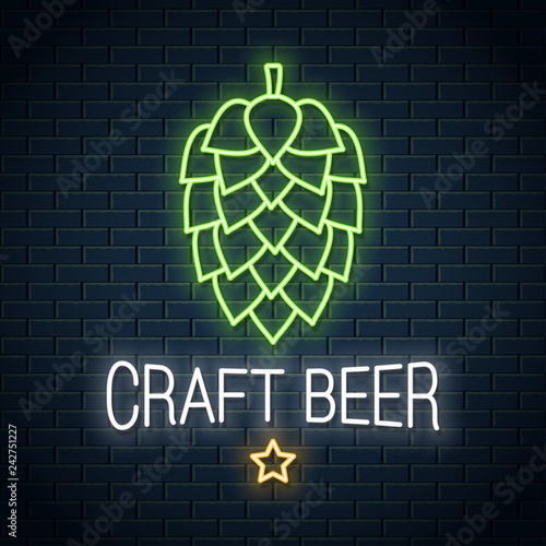 Beer hop neon logo. Craft beer neon sign on wall