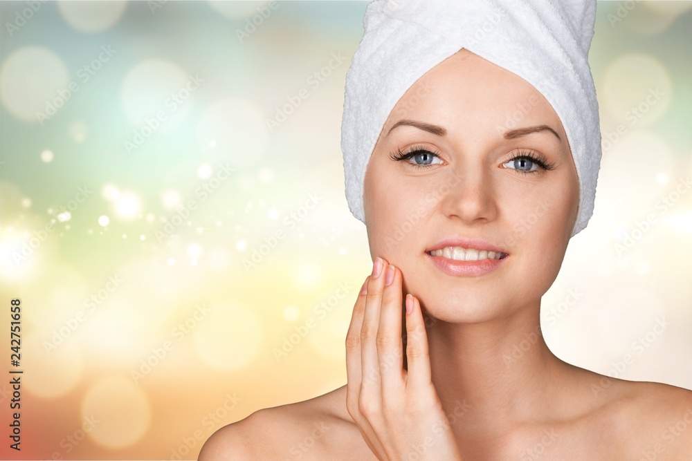 Young beautiful woman with towel on head Young beautiful woman with towel on head