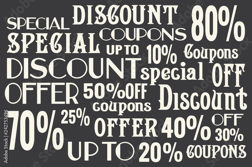 Discount, coupons lettering set, special vintage elements kit sales for shops, firms, studios, web- design