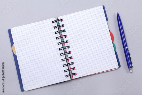 Tableau sur toile Overhead photo of an open journal notebook with a pen, top view, a diary on a gr