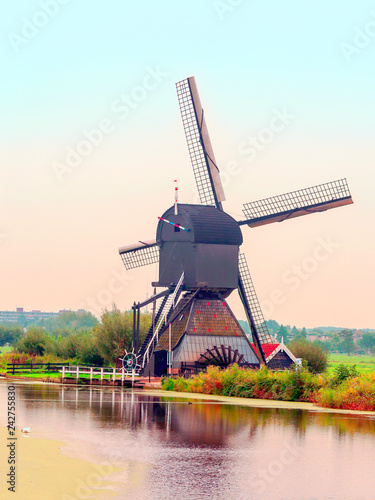 Mills in Kinderdijk in Holland on a cloudy day