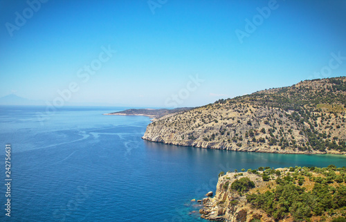 beautiful ocean views in clear weather from the coast of Thassos, the Greek island.