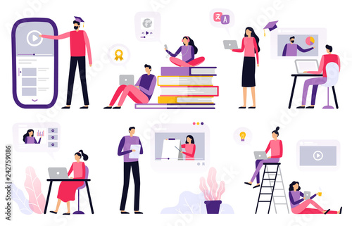 Online education. Women and men working with laptop, watching video and presentation. Set of banners and elements for site or landing page with distance course theme. Vector illustration