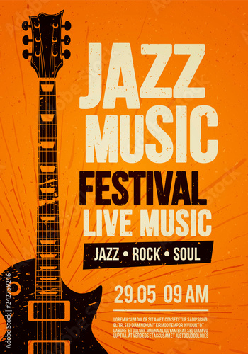 Vector Illustration poster flyer design template for Rock Jazz festival live music event with guitar in retro style on red background