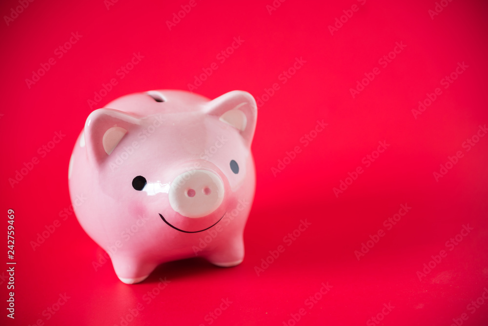 pink piggy bank on red background