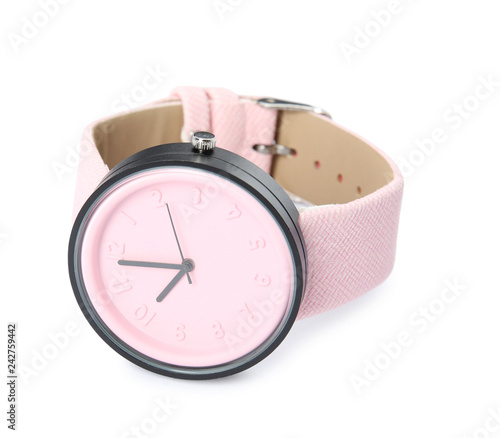 Stylish wrist watch on white background. Fashion accessory