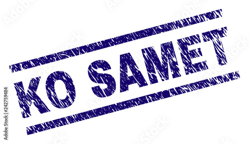 KO SAMET seal print with grunge style. Blue vector rubber print of KO SAMET text with dust texture. Text caption is placed between parallel lines.
