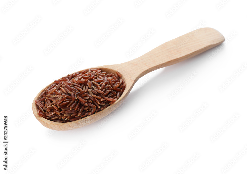 Wooden spoon with brown rice on white background Wooden spoon with brown rice on white background