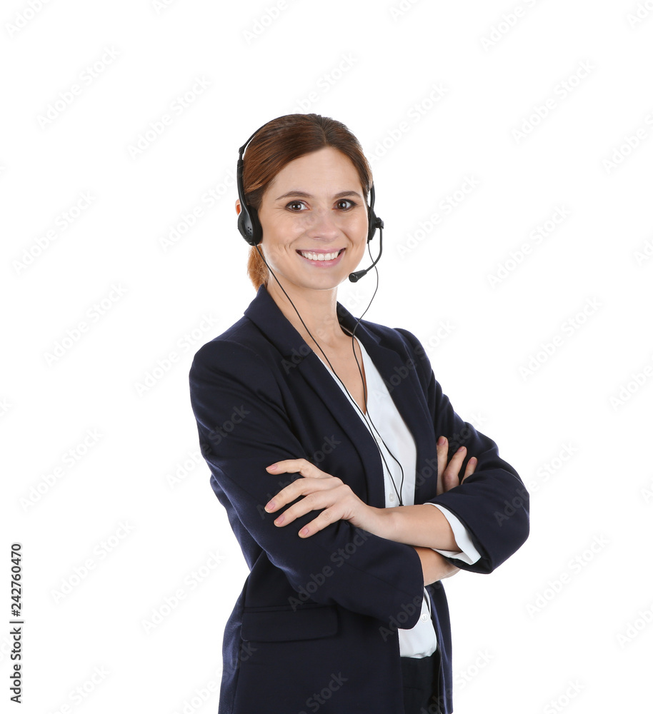 Female technical support operator with headset isolated on white Female technical support operator with headset isolated on white