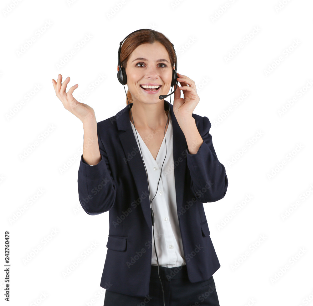 Female technical support operator with headset isolated on white Female technical support operator with headset isolated on white