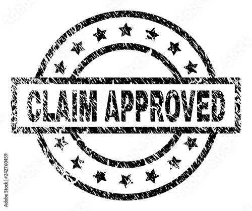 CLAIM APPROVED stamp seal watermark with distress style. Designed with rectangle, circles and stars. Black vector rubber print of CLAIM APPROVED tag with unclean texture.