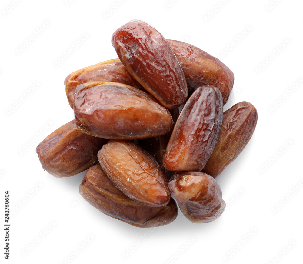 Sweet dates on white background, top view. Dried fruit as healthy snack Sweet dates on white background, top view. Dried fruit as healthy snack