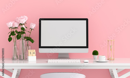 Computer display for mockup on table, valentine concept, 3D rendering