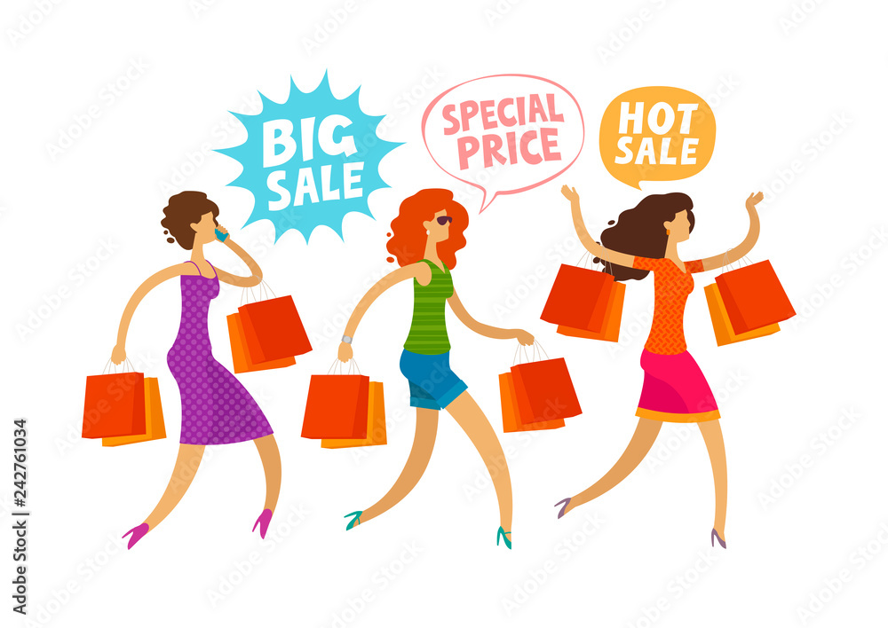Shopping. clearance sale, fashion concept. People, girls run to the store.  Funny cartoon vector illustration Stock Vector