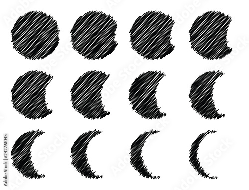 Scribbled style circle and eclipse set with stages of moon shapes in hand drawn ink pen style crescent shapes