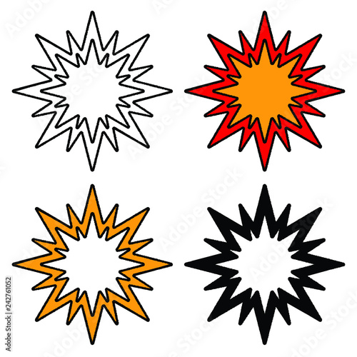 Vector starburst boom explosion icon illustration set with scribbled hand drawn comic book style illustrated bursts in outlined and color styles