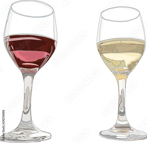 Hand drawn illustration. Wine glasses reflecting light and shadow. Red and White.	