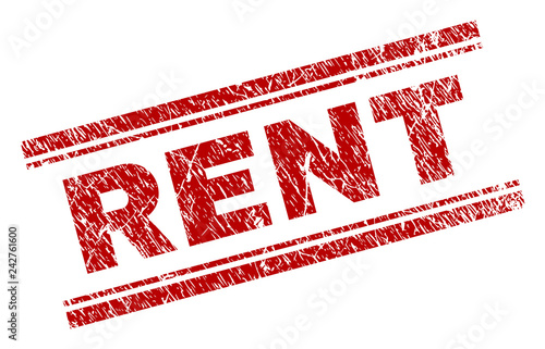 RENT seal watermark with grunge style. Red vector rubber print of RENT label with grunge texture. Text label is placed between double parallel lines.