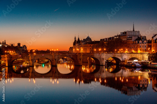 Sunset over Paris bridge Pont Neuf, Paris France
