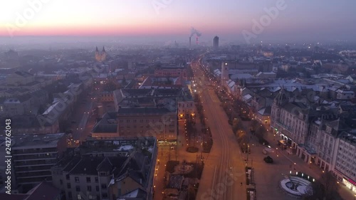 Aerial video of Reformed Great Church in Debrecen city, Hungary