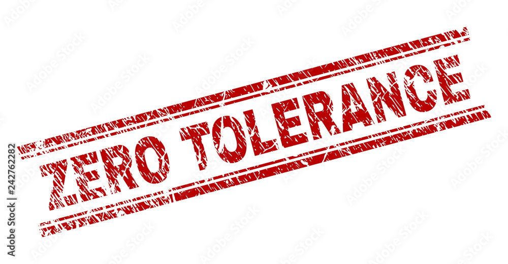 ZERO TOLERANCE seal watermark with corroded texture. Red vector rubber print of ZERO TOLERANCE text with retro texture. Text title is placed between double parallel lines. ZERO TOLERANCE seal watermark with corroded texture. Red vector rubber print of ZERO TOLERANCE text with retro texture. Text title is placed between double parallel lines.