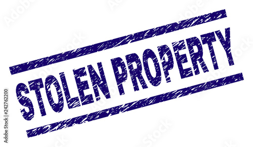 STOLEN PROPERTY seal watermark with grunge style. Blue vector rubber print of STOLEN PROPERTY tag with grunge texture. Text tag is placed between parallel lines.