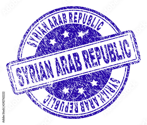SYRIAN ARAB REPUBLIC stamp seal watermark with grunge texture. Designed with rounded rectangles and circles. Blue vector rubber print of SYRIAN ARAB REPUBLIC title with dirty texture.