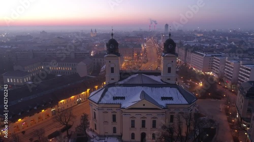 Aerial video of Reformed Great Church in Debrecen city, Hungary