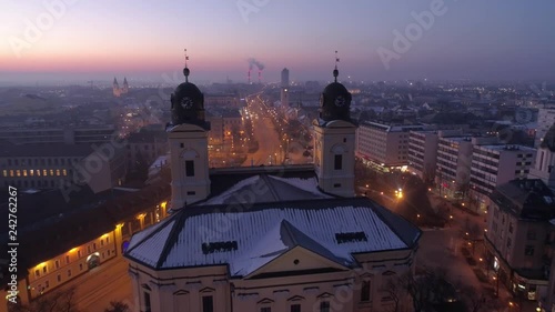 Aerial video of Reformed Great Church in Debrecen city, Hungary