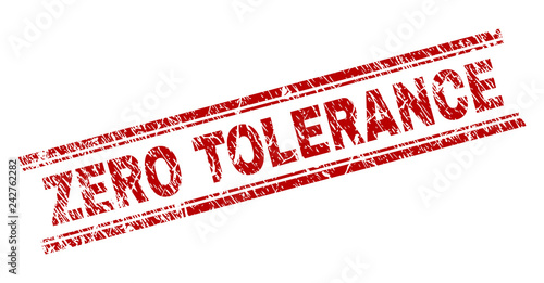 ZERO TOLERANCE seal watermark with corroded texture. Red vector rubber print of ZERO TOLERANCE text with retro texture. Text title is placed between double parallel lines.