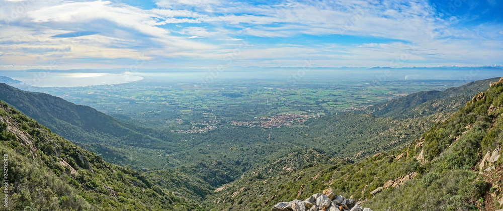 Spain Catalonia panoramic view over the Emporda plain and the gulf of Roses, Mediterranean, Girona, Alt Emporda, Costa Brava