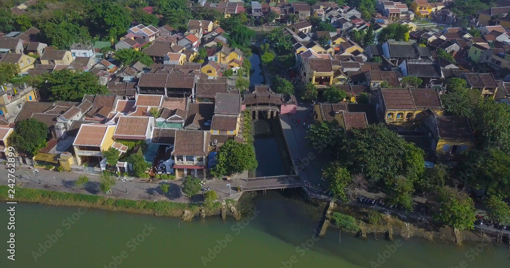 Aerial view of Chua Cau (the Pagoda Bridge) or The Japanese Covered Bridge in Hoi An old town or Hoian ancient town. The Pagoda Bridge is one of the famous tourist and travel in Hoi An, Vietnam
