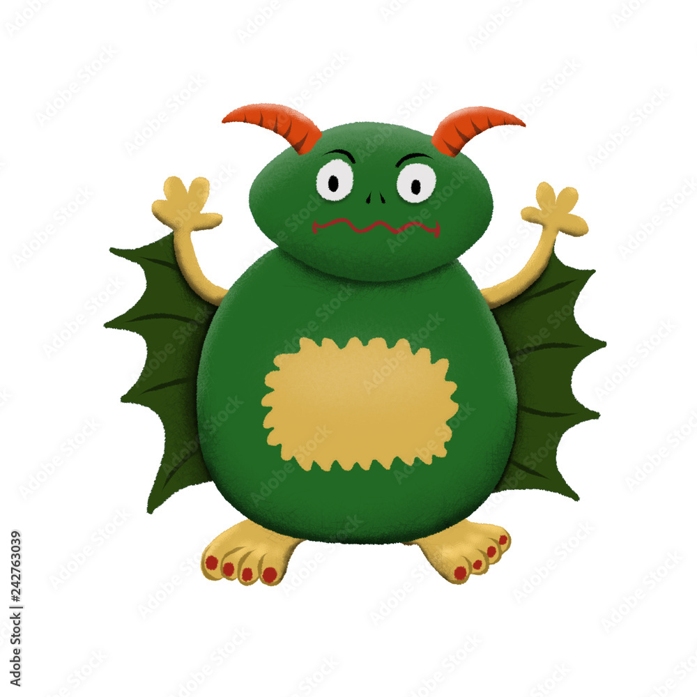 Green children's cute monster character. Original digital illustration. Green children's cute monster character. Original digital illustration.