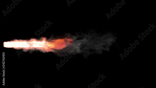 Animated bursting fire or intense flame as if from broken or exploded jet engine or flying rocket burning solid fuel. More dense smoke and fire. Black background, mask included.