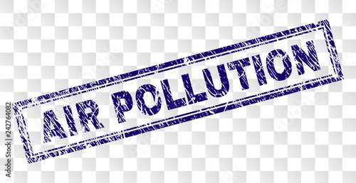 AIR POLLUTION stamp seal print with grunge style and double framed rectangle shape. Stamp is placed on a transparent background. Blue vector rubber print of AIR POLLUTION title with grunge texture.
