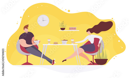 Couple Eating Fast Food in Cafe Flat Vector