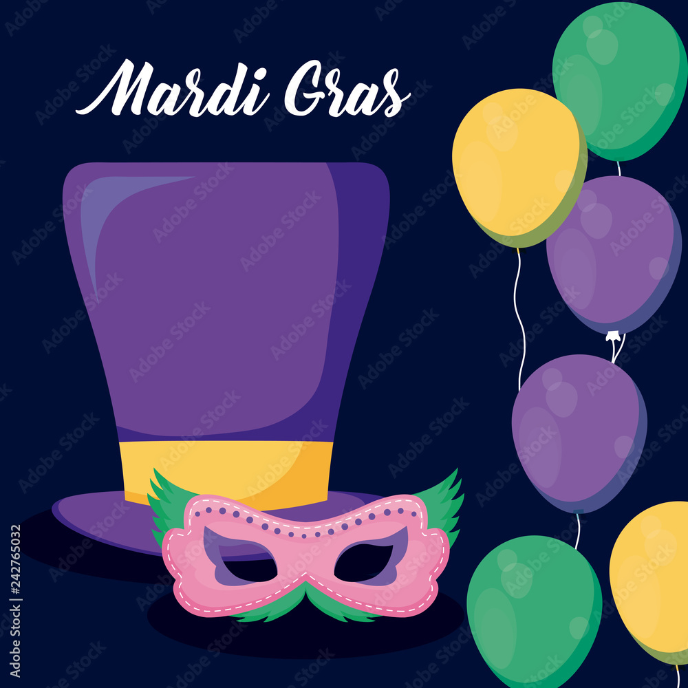 Naklejka premium mardi gras card with tophat and mask