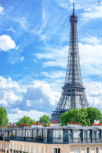 Photography Paris street with a view of Eiffel tower in the summer, France