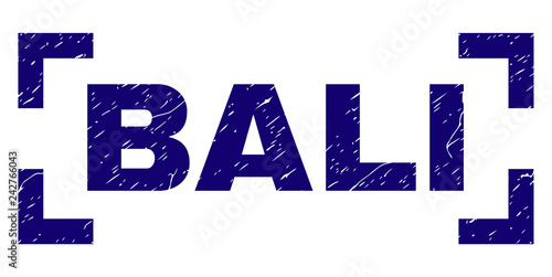 BALI text seal watermark with grunge texture. Text title is placed inside corners. Blue vector rubber print of BALI with unclean texture.