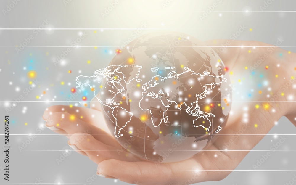 Female hands holding glass Globe on background Female hands holding glass Globe on background