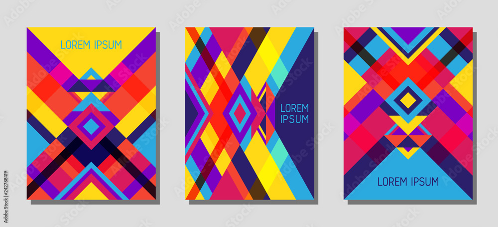 Cover page layout vector template geometric design with triangles and stripes pattern in red blue yellow violet.