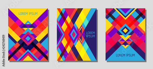 Cover page layout vector template geometric design with triangles and stripes pattern in red blue yellow violet.