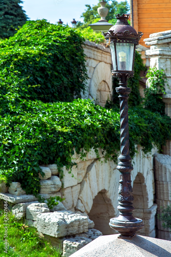 Street light lamppost of iron black color lantern in retro style on the background of a stone wall overgrown with green climbing plant with leaves.