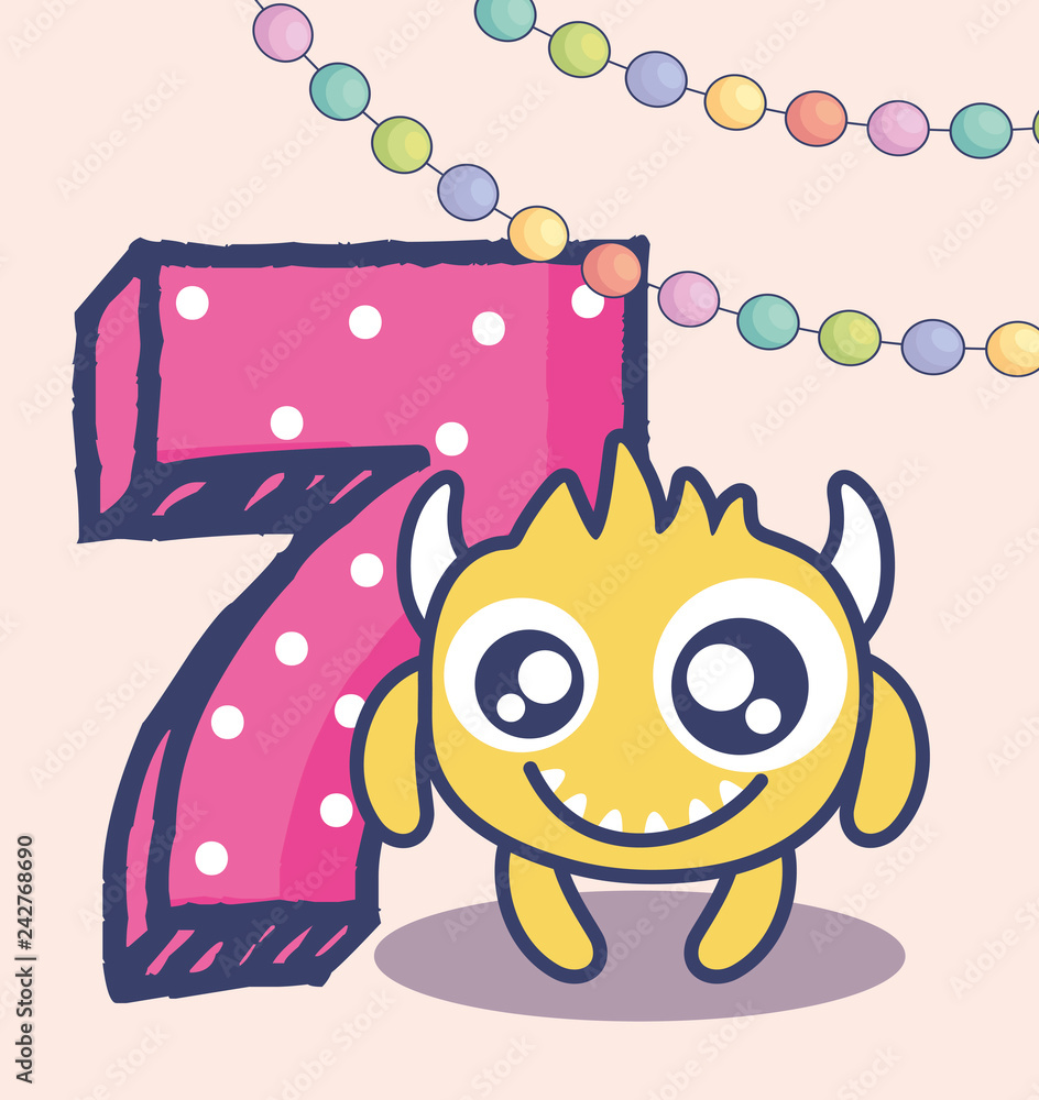 cute monster with number seven birthday card
