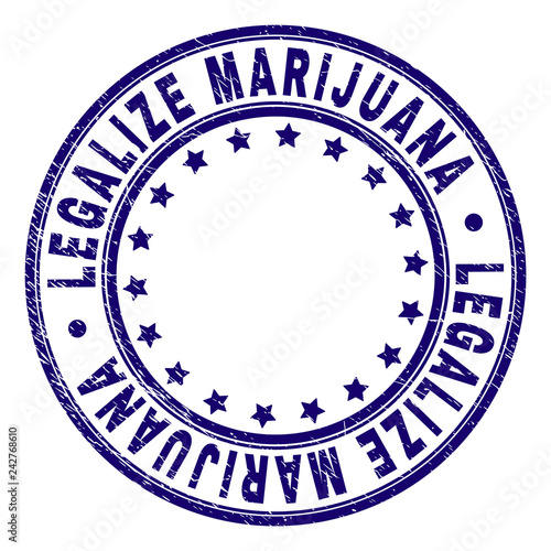 LEGALIZE MARIJUANA stamp seal imprint with grunge texture. Designed with circles and stars. Blue vector rubber print of LEGALIZE MARIJUANA label with grunge texture.