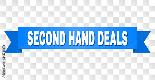 SECOND HAND DEALS text on a ribbon. Designed with white caption and blue tape. Vector banner with SECOND HAND DEALS tag on a transparent background.