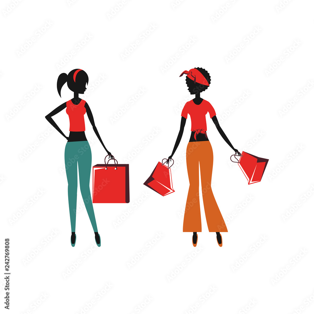 women silhouette retro style with shopping bags women silhouette retro style with shopping bags
